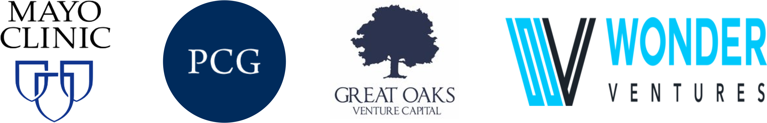 Logos for Mayo Clinic, PCG, Great Oaks Venture Capital, and Wonder Ventures